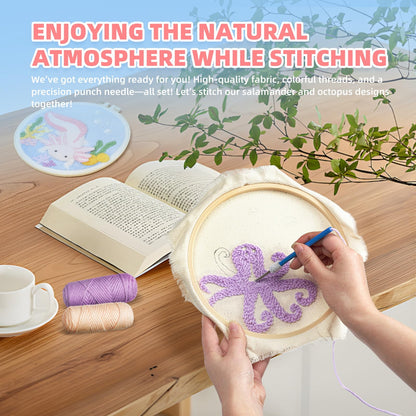 Punch Needle Kits Adults Beginner,Punch Needle kit for Beginners, Embroidery kit for Beginners,Includes All Tools and Materials,Easy to Follow Instructions and Videos-(Axolotl+Octopus)