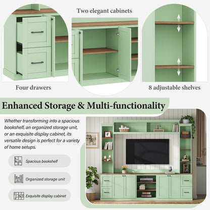 Ball & Cast 94.8" Entertainment Center Wall Unit with Bookshelf for TVs Up to 70",Farmhouse Large TV Stand with Walnut Adjustable Shelves,Retro Media Console with 4 Drawers for Living Room,Mint Green