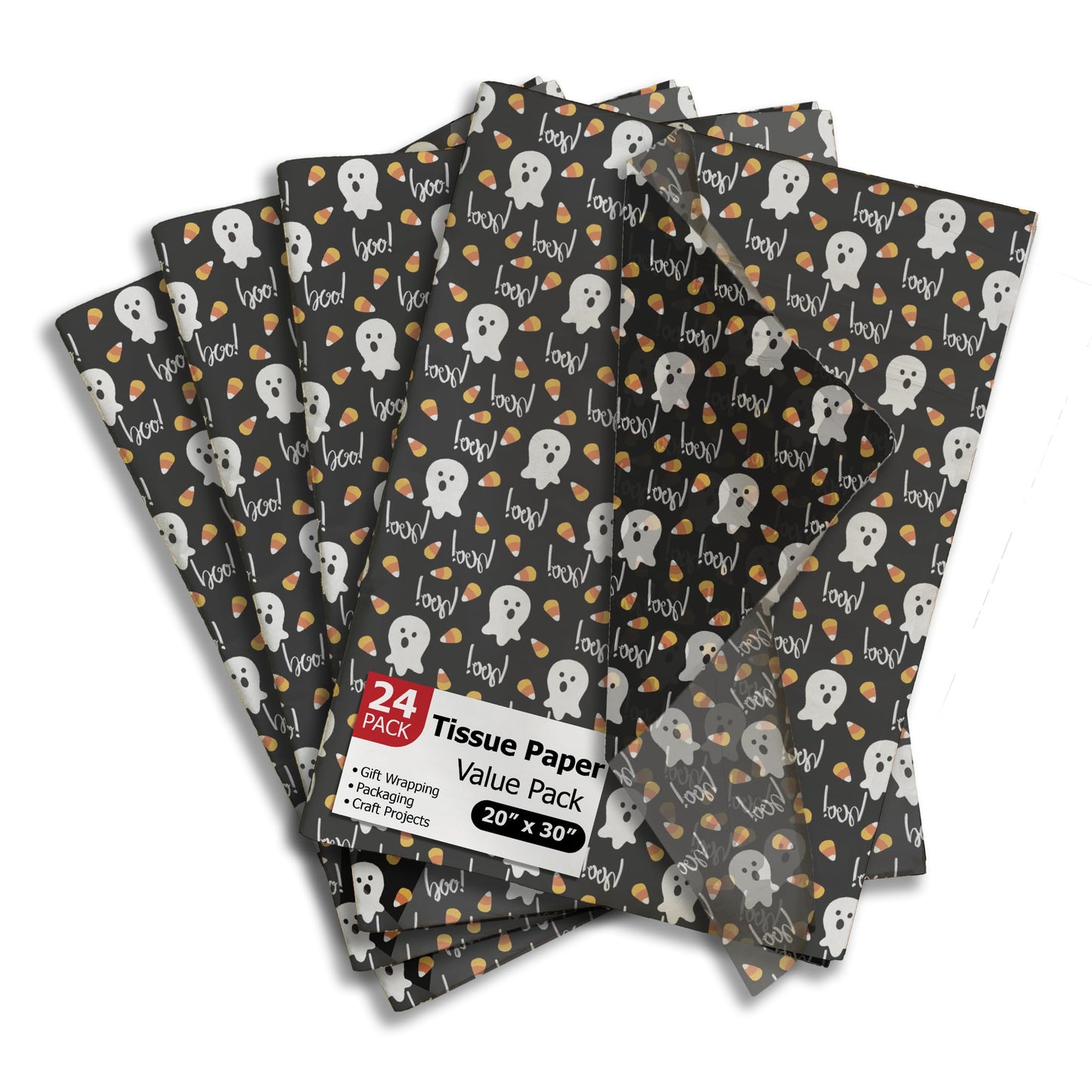 Halloween Ghosts Printed Tissue Paper for Gift Bags or Boxes and Wrapping - Bulk Fall Decorative Art Tissue Paper for Packaging and Gifting | 24 Sheets 20" x 30"