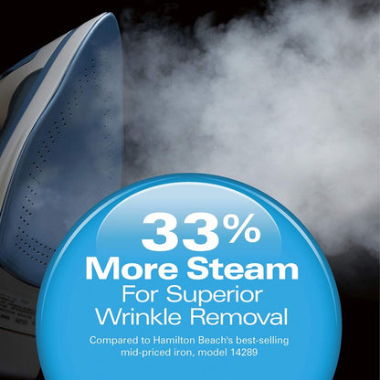 Hamilton Beach Steam Iron & Vertical Steamer for Clothes with Scratch-Resistant Soleplate, Adjustable Steam Settings + 8’ Cord Wrap, 3-Way Auto Shutoff, Anti-Drip, Self-Cleaning, 1500 Watts, Blue