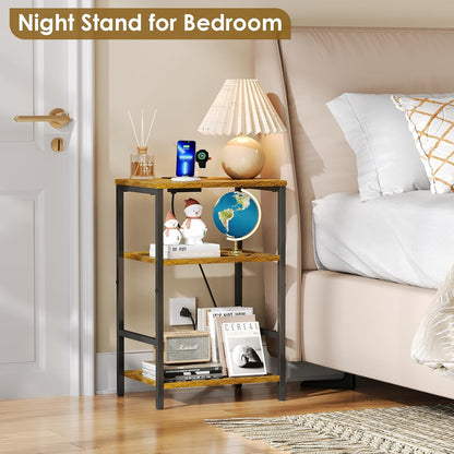 X-cosrack Side Table with Charging Station, End Table with USB Ports and Outlets, Nightstand with Storage Shelves