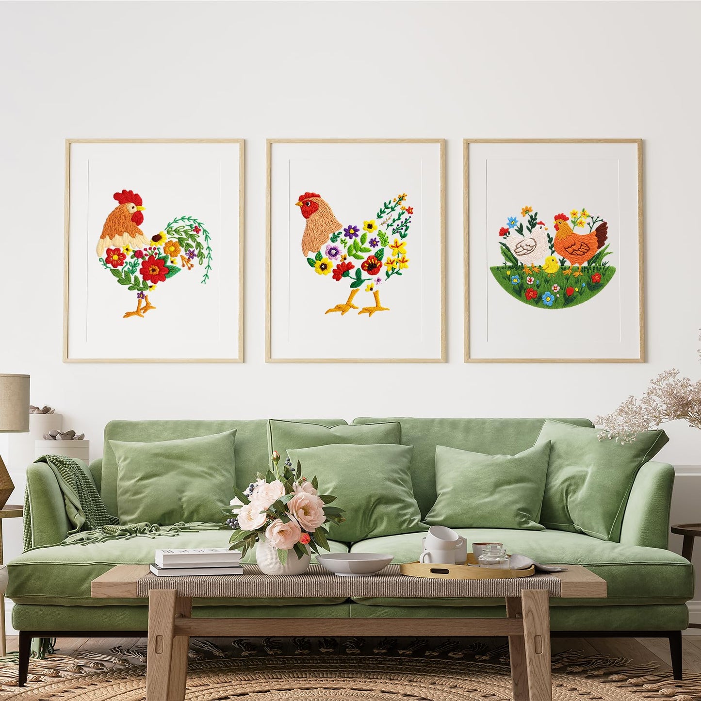 Louise Maelys 3 Sets Chicken Embroidery Kits for Beginners,Cross Stitch Kit for Adults,Art Craft Starters Needlepoint with Rooster,Hen and Farm Lawn Pattern and Tool