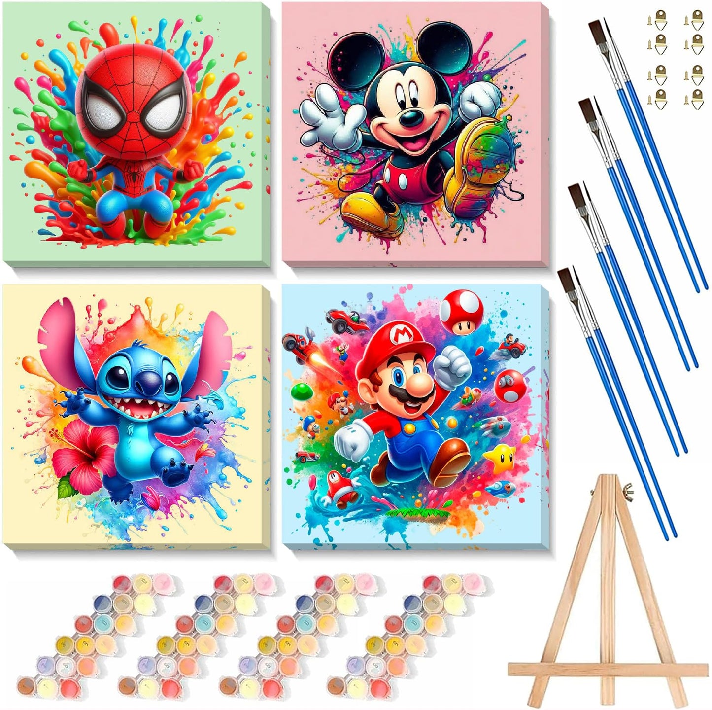 Fuinkqe 4 Packs Cartoon Paint by Numbers Kits for Kids Framed,Paint by Numbers for Kids Ages 8-12 with Framed Canvas,DIY Easy Painting Kits with Wooden Easel for Home Wall Decor 8X8 Inch
