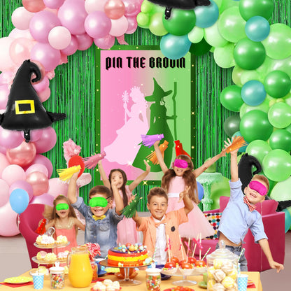 AFZMON Witch Party Decorations Pin The Broom Birthday Party Games Decorations, Pink and Green Poster with 24 Reusable Broom Stickers for Witch Party Wall Decorations Supplies- 19.5Inch x27.5Inch