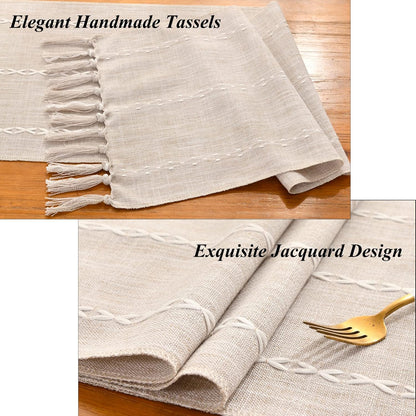 Wracra Rustic Linen Table Runner, 72 inches Long Embroidered Fall Table Runner with Hand-Tassels, Light Coffee, 13"×72"