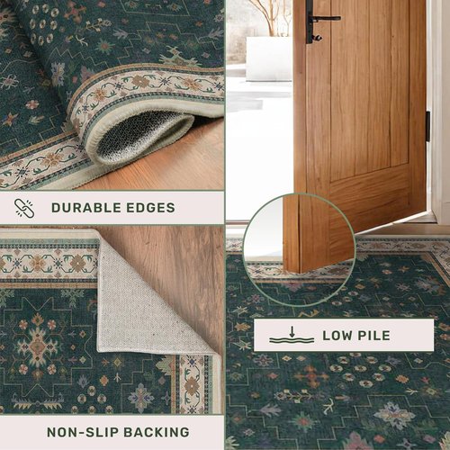 Hazo Haus Dark Green Kitchen Rug - Modern Vintage Boho Floral Design, Washable Non-Slip Runner, 2x6 ft