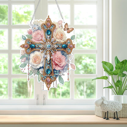 Bowetile Hanging Diamond Art Cross Kits for Adults, 5D Special Shape Diamond Painting Flower Kits, Cross Diamond Gem Art Suncatchers Painting Pendant Ornament for Home Garden Wall Decor