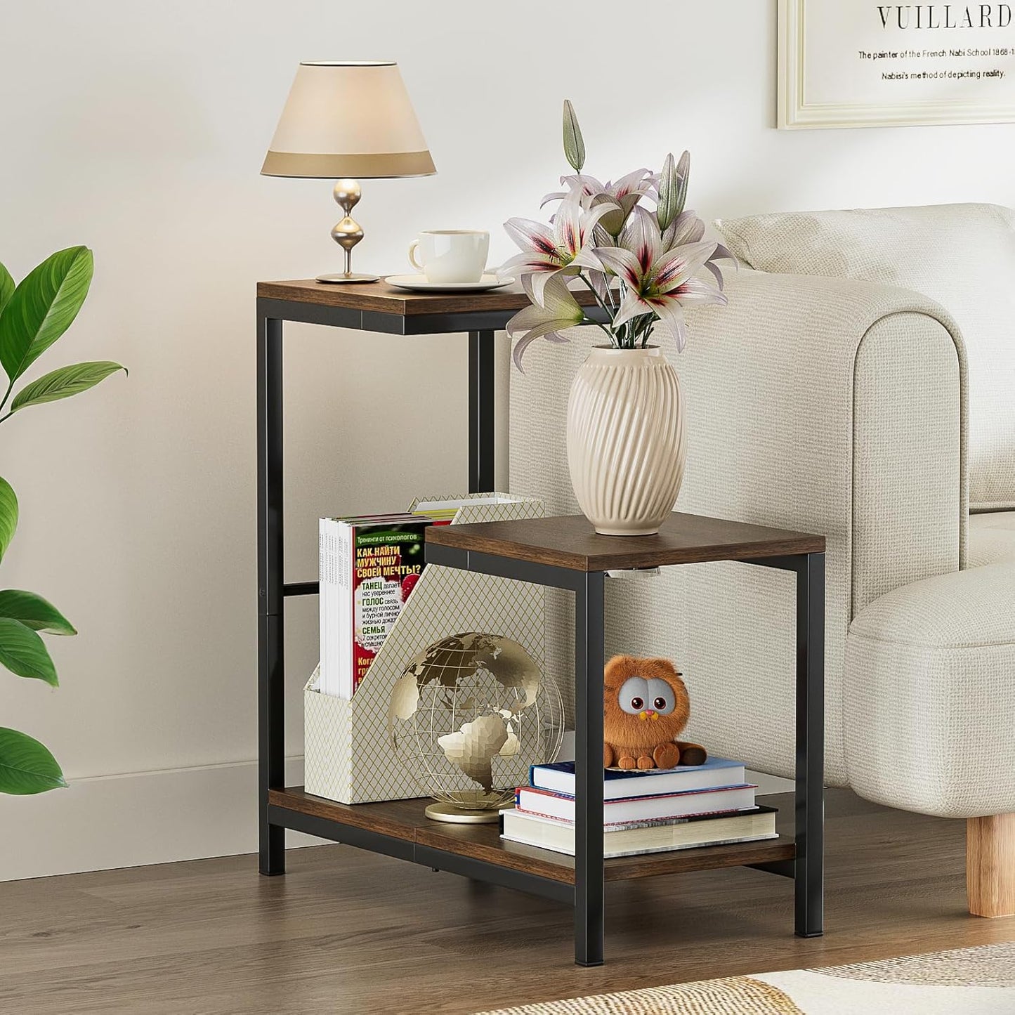 G-Shaped End Table - Small Side Table for Living Room, Bedside Table with Storage Shelf, Corner Tables for Small