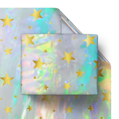 Cheerland Iridescent Gift Wrap Gold Star Holographic Wrapping Roll Foil Metallic Stars for Birthday Disco Baby Shower Celestial Starry Night Galaxy Wedding Bridal Halloween Euphoria Party Supplies