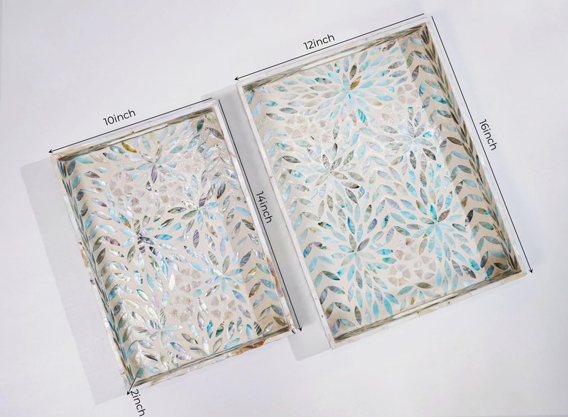Serving Trays Handmade Trays for Serving Mother of Pearl Inlay Decorative Tray Room Decor, Coffee Table Tray Set of 2 Trays Decor for Ottoman Length 16'' and 14''