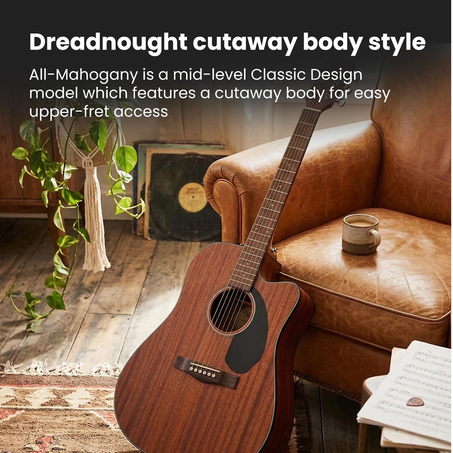 Fender CD-60SCE Solid Top Dreadnought Acoustic-Electric Guitar - All Mahogany Bundle with Gig Bag, Instrument Cable, Tuner, Strap, Strings, Picks, Polishing Cloth and Austin Bazaar Instructional DVD