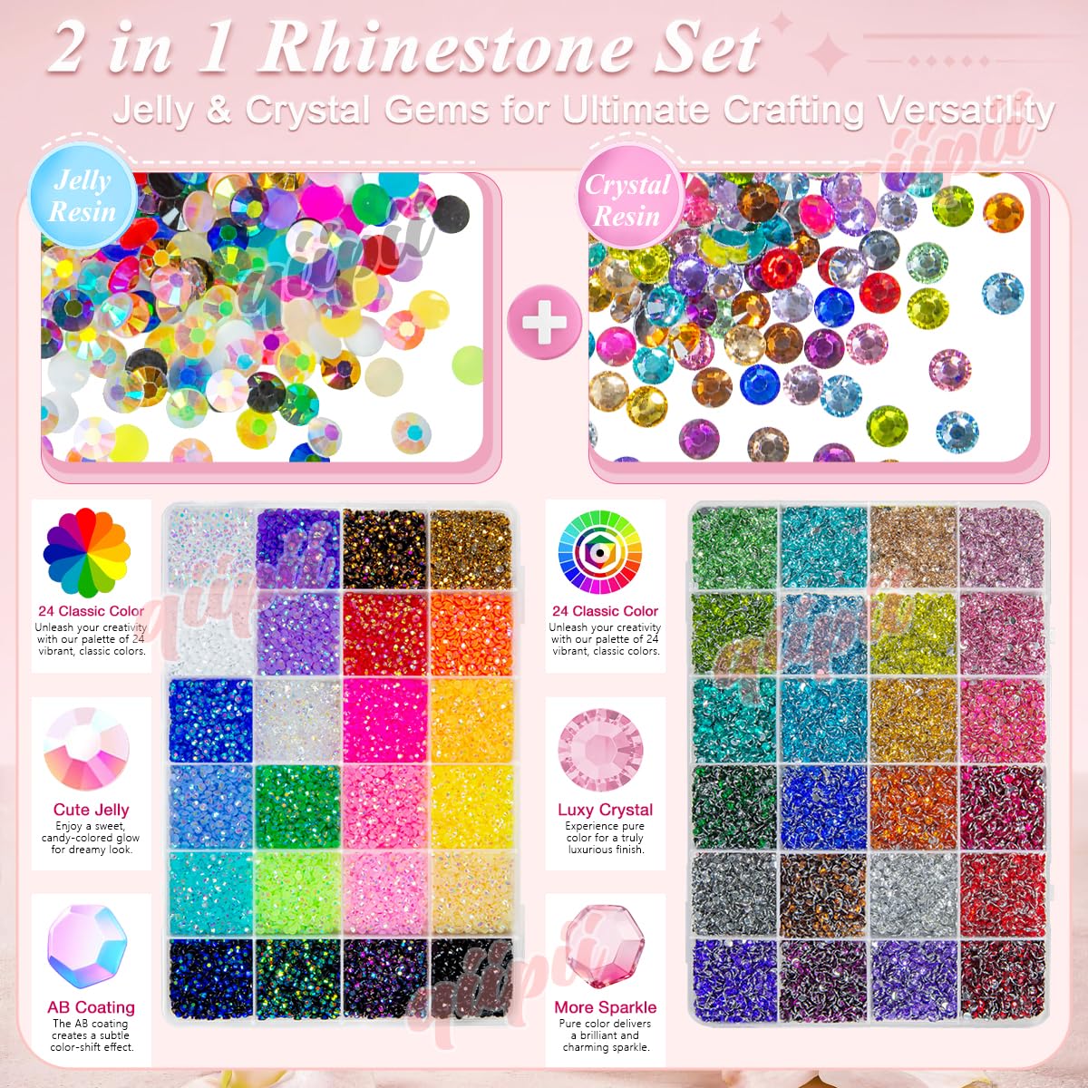 qiipii 48 Color 3mm Jelly AB & Crystal Colorful Resin Rhinestones for Bedazzling Crafting SS10 Flatback Stones Gems Diamonds Charms for Nails Eyes Face Makeup Beauty Tumblers Bottles DIY Crafts Shoes