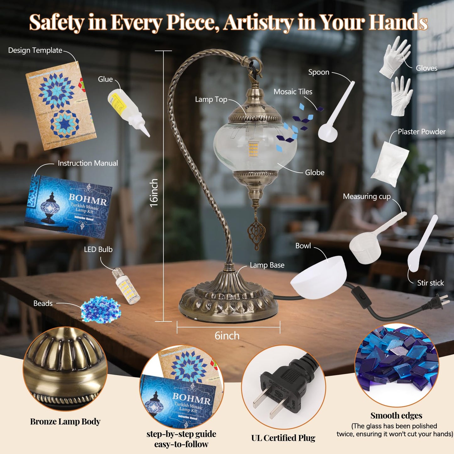 BOHMR DIY Turkish Mosaic Lamp Kit for Adults,Swan-Neck Stained Glass Lamp Making Kit- Easy,Fun,No Experience Needed, Mosaic Art & Craft Project Kits for Adults & Teens,Make Your Own Table Lamp,Blue