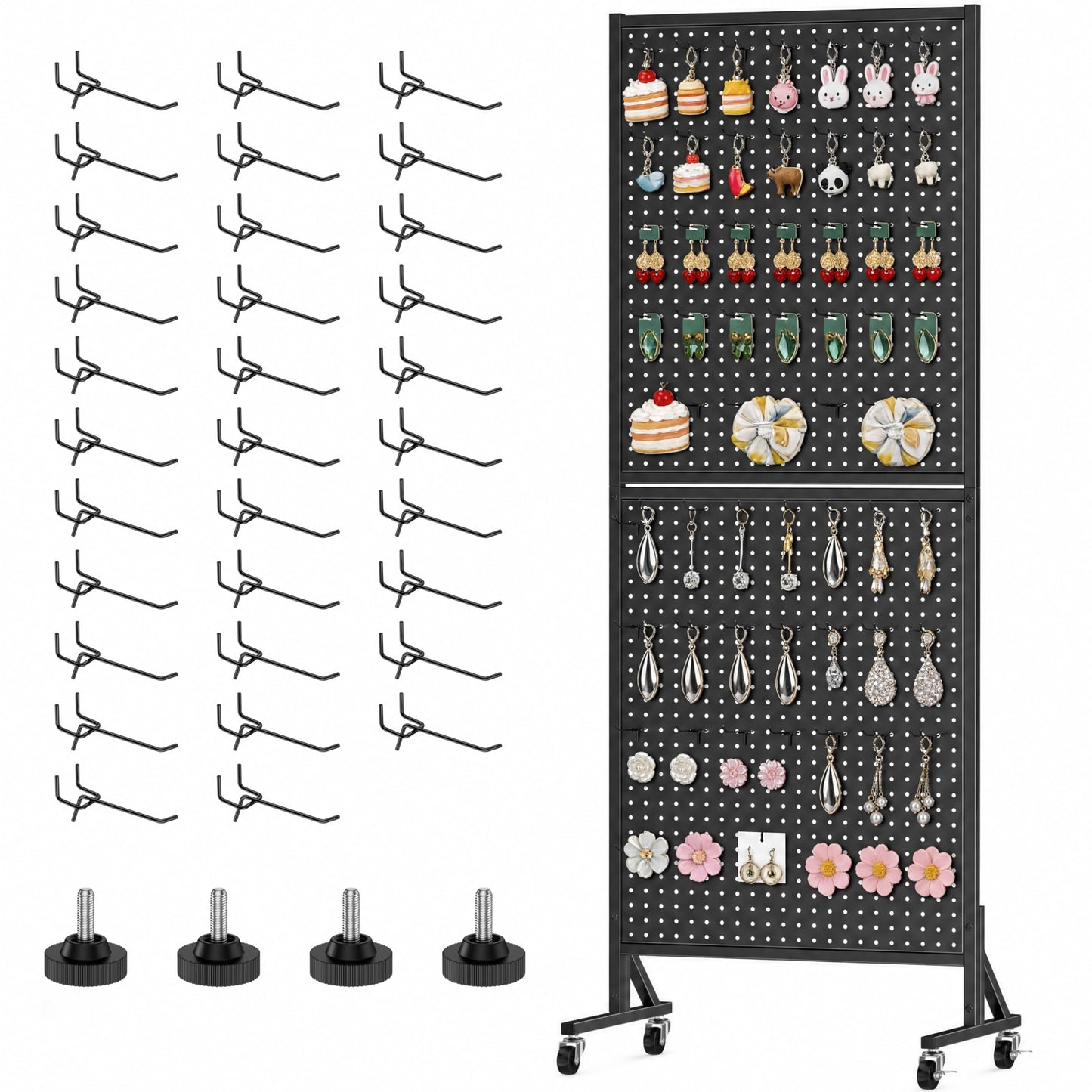 CursorTech Peg Board Display Stand with Extra 32 Hooks 24" X70” Metal Pegboard on Wheels and T-Base Standing Rack Organizer Units for Ornament Retail & Vendors Craft Show Store Display