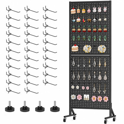 CursorTech Peg Board Display Stand with Extra 32 Hooks 24" X70” Metal Pegboard on Wheels and T-Base Standing Rack Organizer Units for Ornament Retail & Vendors Craft Show Store Display