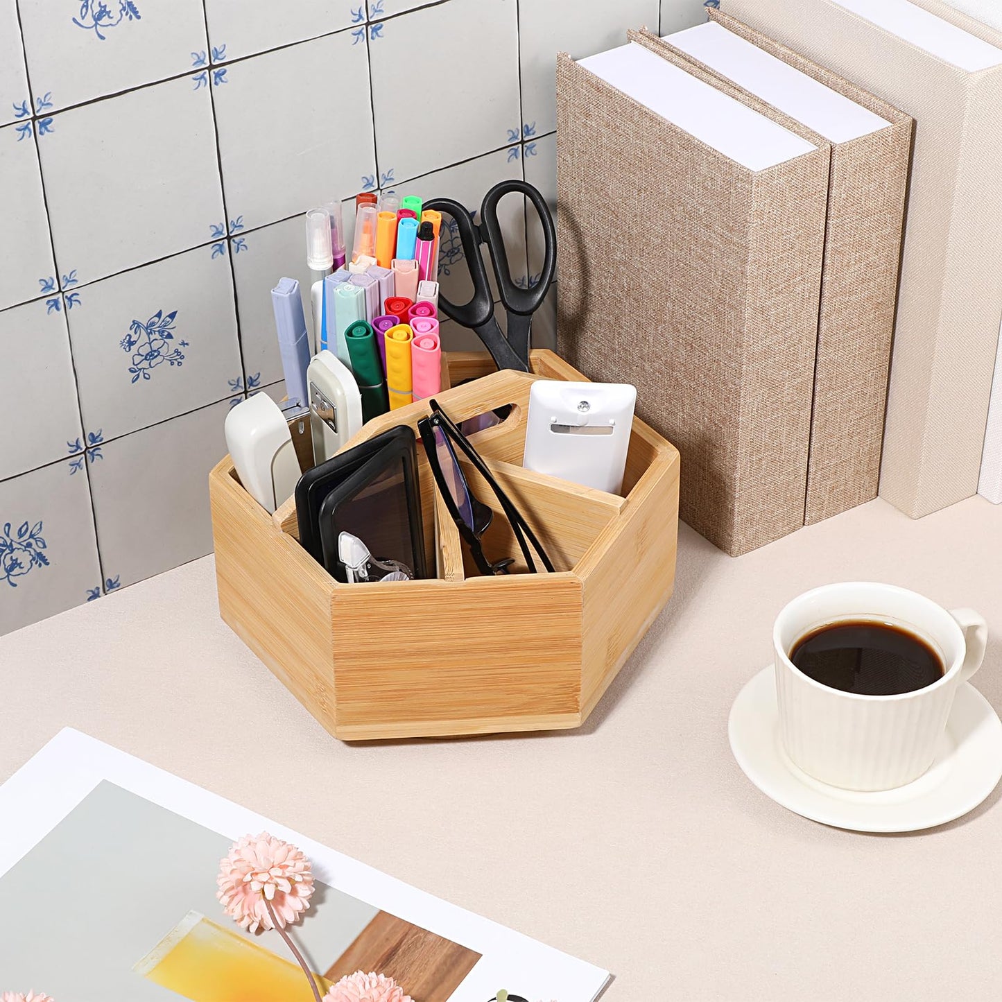 Bamboo Rotating Art Supply Desk Organizer, Rotating Marker Organizer for Alcohol Markers, Office Supplies Desktop Storage Caddy, 360-Degree Rotatings Bamboo Storage for Pencils, Pen, Paint Brushes
