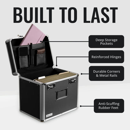 Vaultz Locking File Organizer Box - 13.5 x 13.25 x 10.5 Inch Large, Portable Locking Storage Box for Filing Letters & Documents w/Combination Lock, Black