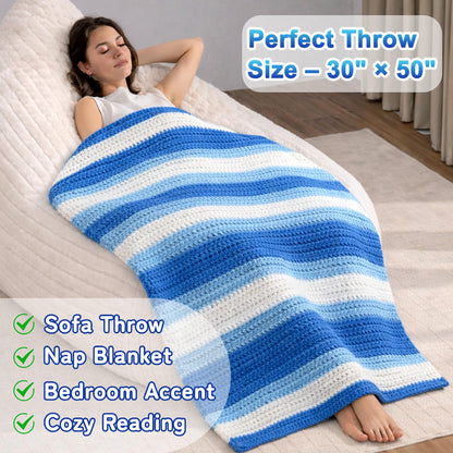 Reessy Crochet Blanket Kit for Beginners Adults – Gradient Blue Ombre Throw Blanket Kit with Soft Chenille Yarn, Hooks & Instructions – Handmade Crochet Starter Set for Adults