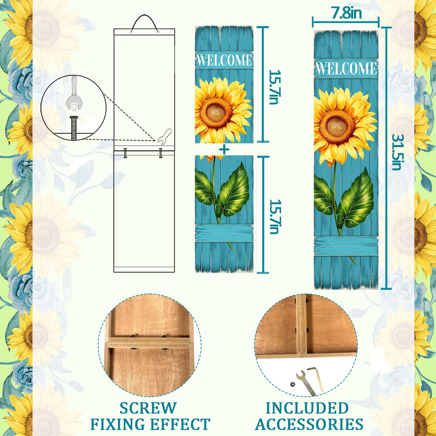 PEROUU Sunflower Welcome Wooden Sign,Spring Rustic Porch Sign for Front Door Decorations, Front Porch Decor Home Hanging Signs Wall Sign 31.5" H