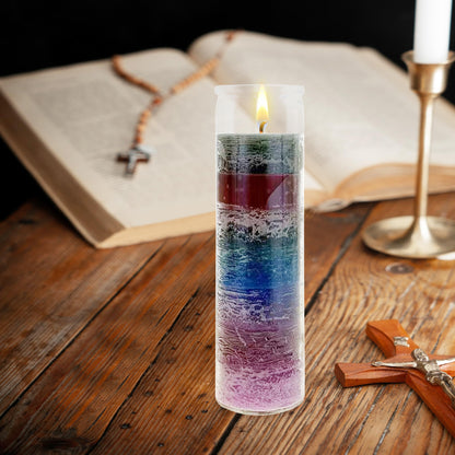 Mega Candles 3 pcs Unscented 7 Color Glass Devotional Prayer Candles, Hand Poured Wax Candle 2 Inch x 8 Inch, Sanctuary, Vigils, Prayers, Casting Chimes, Spiritual, Rituals, Spells, Wicca, Deities