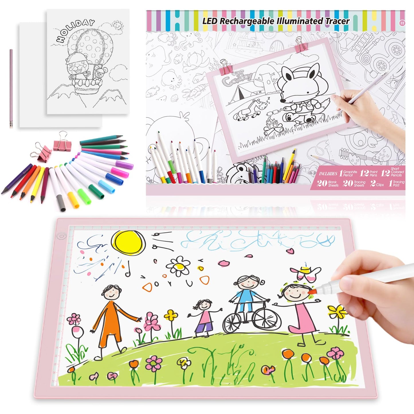 LED Drawing Tablet Kits Pink - 15" Light Board for Diamond Painting Accessories, Best Birthday, Holiday Gifts Toy for Kids Girls 3,4,5,6,7,8,9,10,11,12 Year Old, Back to School Art Travel Essentials