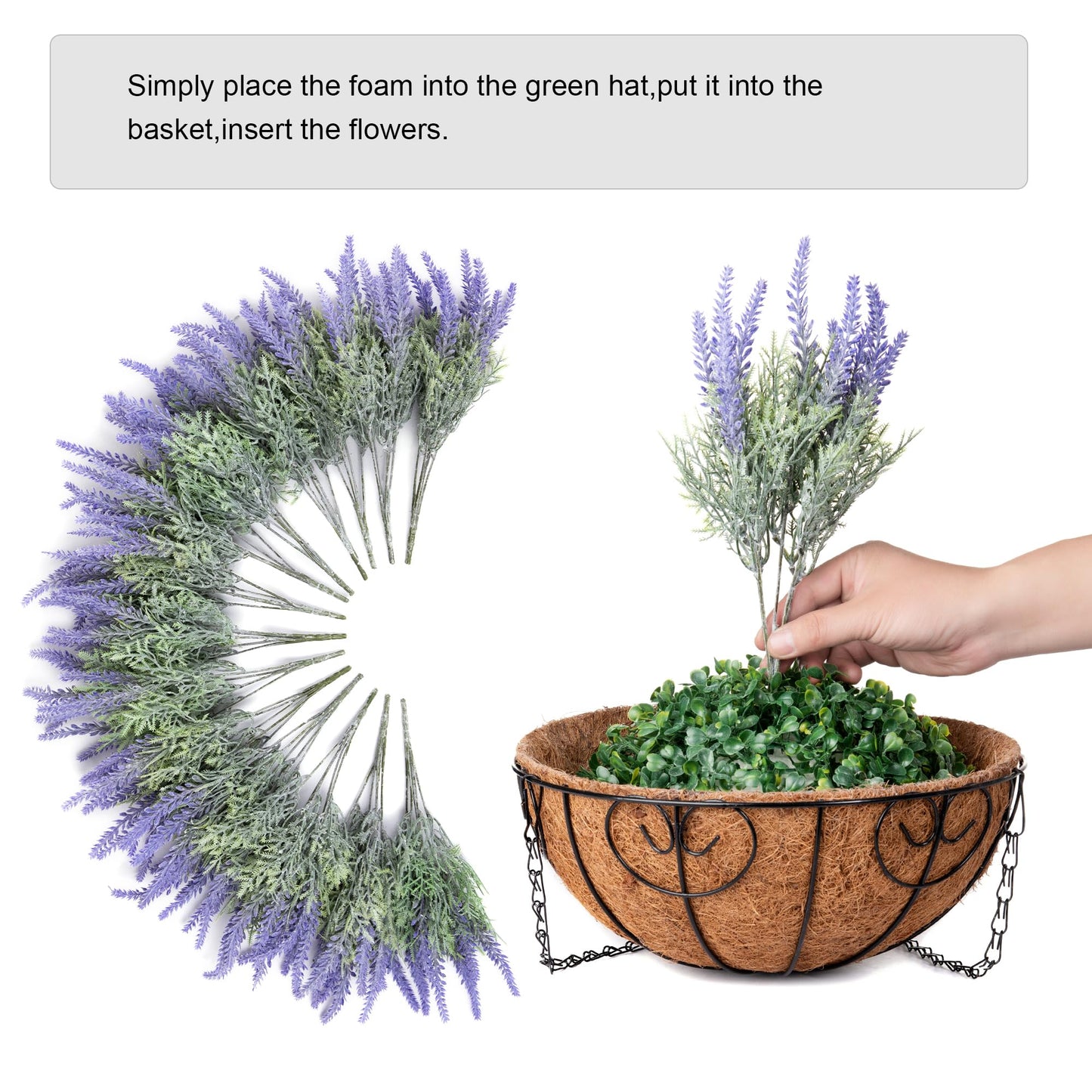 Ivydale Artificial Faux Outdoor Hanging Flowers Plants Basket for Porch Spring Decoration, 12 Bundlies Fake UV Resistant Lavender with Coconut Lining Baskets for Home Patio Balcony Yard