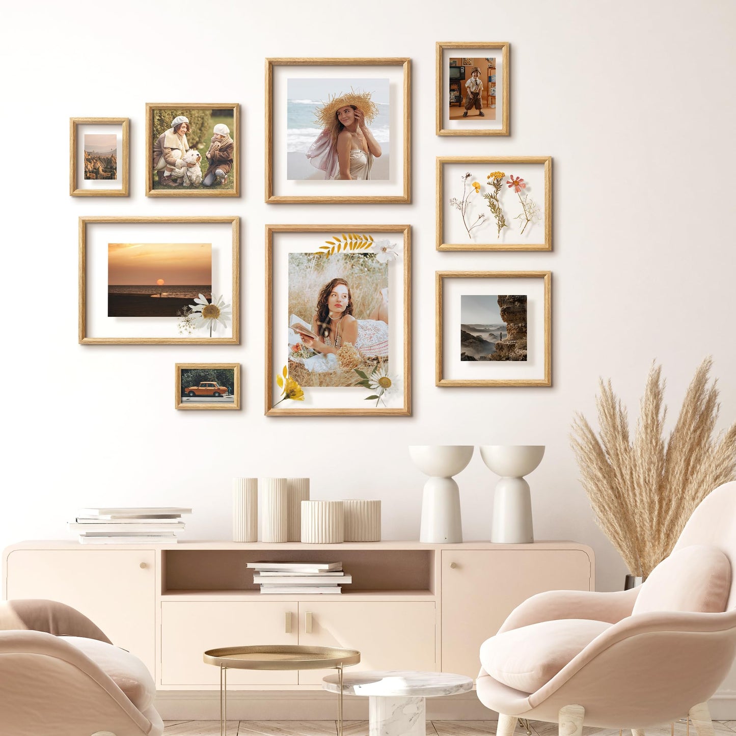 Axeman 8x10 Floating Picture Frame - Solid Oak Wood Picture Frame, Double Tempered Glass Photo Frame 2x3 4x6 5x7 6x8 8''x10'' Wood Frame, Wall Mount Or Tabletop Standing, Natural