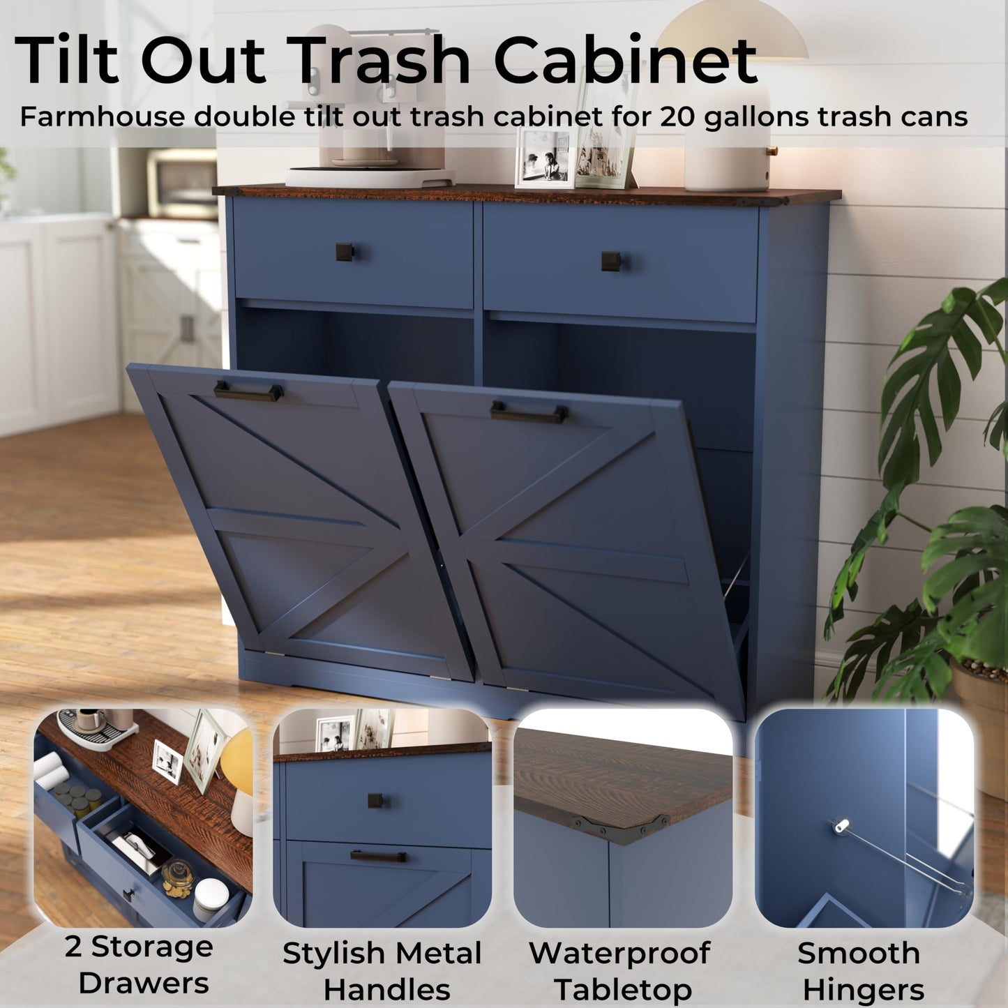 HUYYA Modern Sideboard Cabinet Buffet Storage Console Credenza for Dining Room, Free Standing Tilt Out Trash, Laundry Sorter Cabinet with Sturdy Construction and Easy Clean Surf
