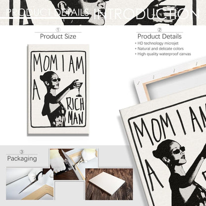 KFDJIG 12x16in Funky Canvas Trendy Wall Art Mom I Am A Rich Man Poster Vintage Black And White Aesthetic Prints