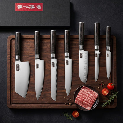 MDHAND Kitchen Knife Set, 7 Pieces Ultra Sharp Japanese Knife Set, High Carbon Stainless Steel Professional Chef Knives Set with Black Pakkawood Handle for Home Cooking, Dishwasher Safe
