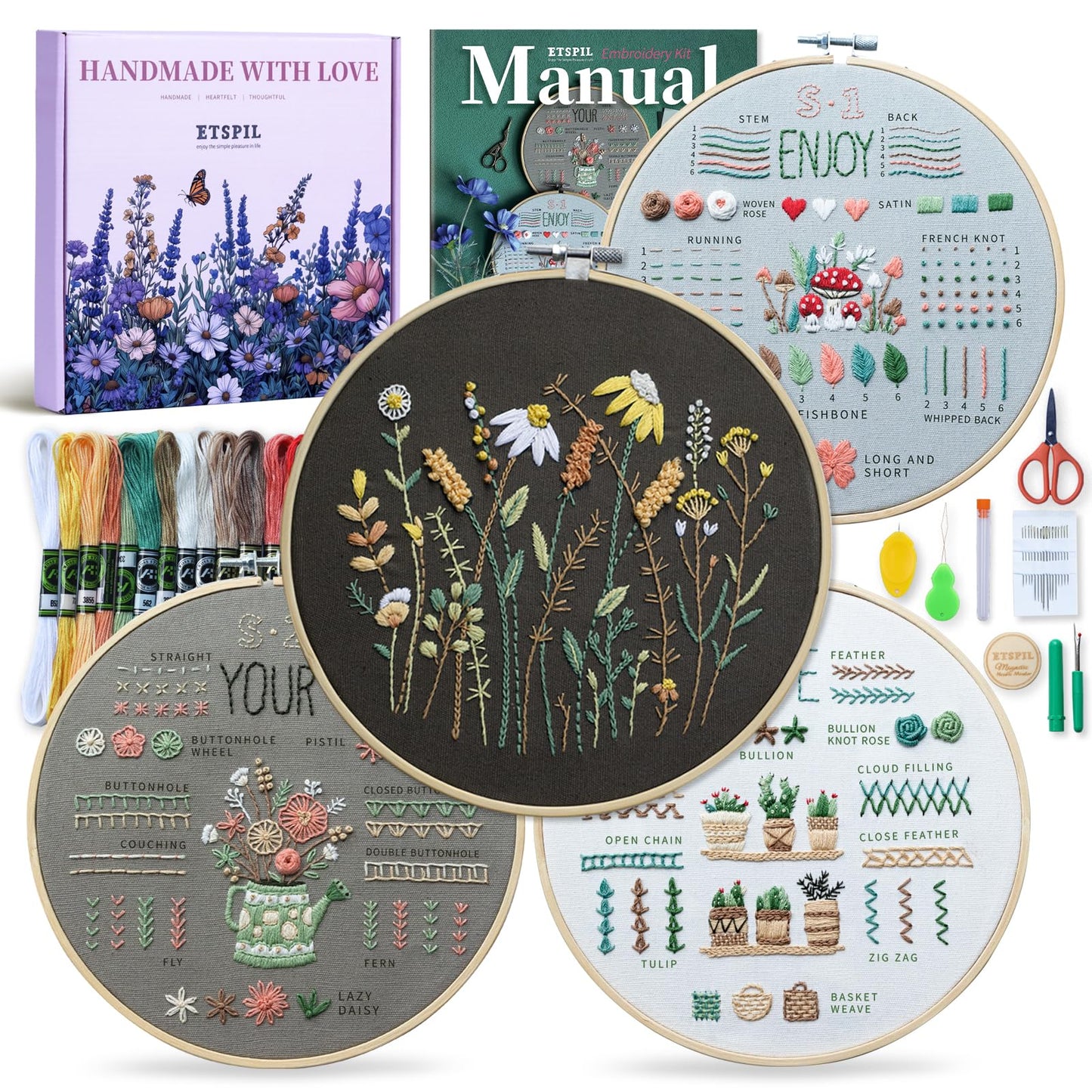 ETSPIL Embroidery Kit for Adults, 4 Pre-Printed Floral Patterns & 2 Hoops, Learn 33 Stitches via 4K HD Videos, Magnetic Needle Minder Included, Beginner-Friendly DIY Gift for Women