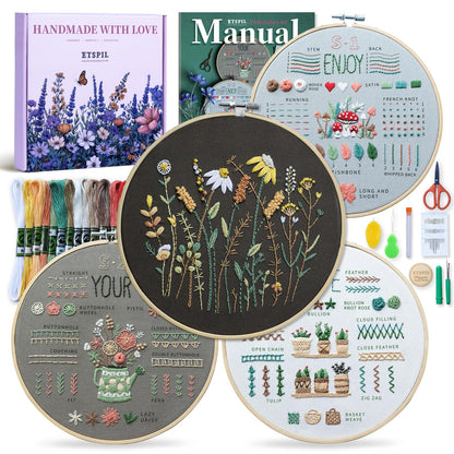 ETSPIL Embroidery Kit for Adults, 4 Pre-Printed Floral Patterns & 2 Hoops, Learn 33 Stitches via 4K HD Videos, Magnetic Needle Minder Included, Beginner-Friendly DIY Gift for Women
