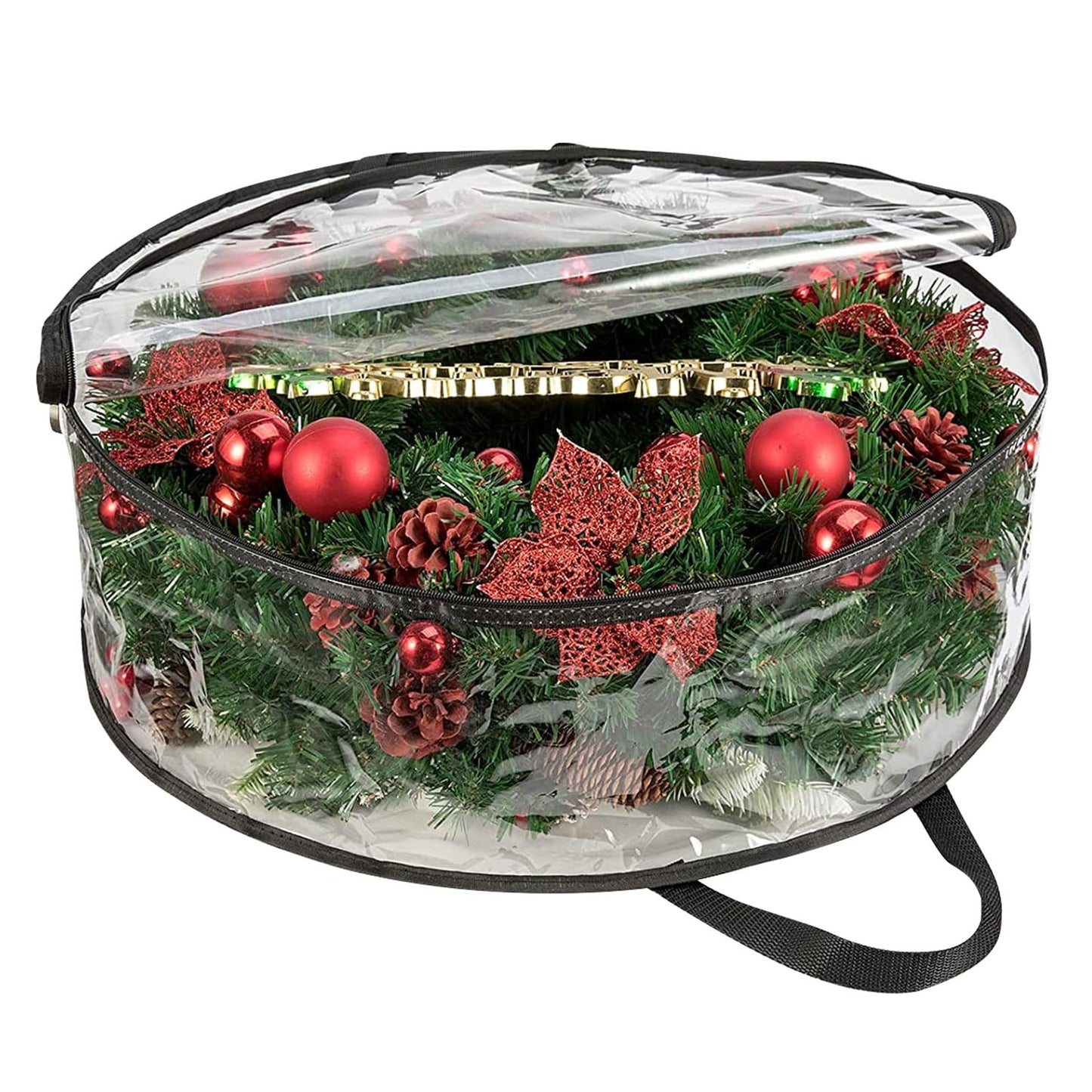 4 PCS Clear Wreath Storage Bag, 24x8 Inch Christmas Wreath Storage Container, Heavy Duty PVC Wreath Protector with Handle for Xmas Holiday Seasonal Wreath Garland (Black)