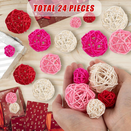 GuassLee 24Pcs Valentine's Day Decorative Rattan Balls, Pink Red Grey Wicker Balls Decorations for Valentine's Day Decor Centerpiece DIY Crafts Vase Bowl Orbs Filler Wedding Home Decor, 1.2"/2"/2.4"