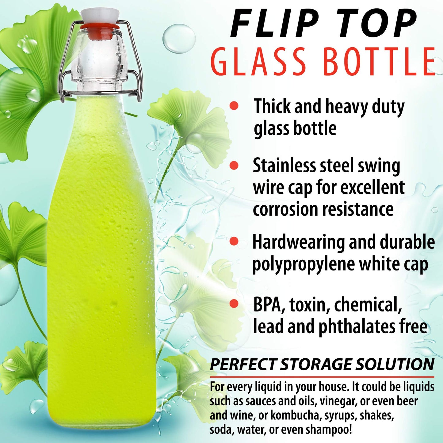 AYL Flip Top Glass Bottle [16 fl. oz./Pack of 6]– Swing Top Brewing Bottle with Stopper for Beverages, Oil, Vinegar, Kombucha, Beer, Water, Soda, Kefir – Airtight Lid & Leak Proof Cap – Clear