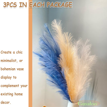Artificial Faux Pampas Grass Large, 47"/120cm Bundle of 3 Fake Artificial Pampas Grass Tall Fluffy Stems, Floor Vase Filler for Living Room Kitchen Decor Boho Decor Wedding - White