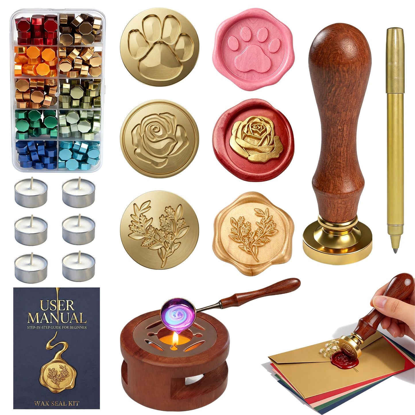 Wax Seal Stamp Kit for Beginners: Wax Sealing Tool Set 3 Brass Stamp Heads with Unique Patterns, 200 Beads, 5 Envelopes & Instructions for Wedding Invitations, DIY Letters & Gift Decoration