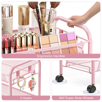 TOOLF 3 Tier Rolling Cart Pink - Metal Storage Organizer with Wheels, 33 lbs Shelf Capacity, Easy 5-Min Assembly, for Girls Room Bathroom Kitchen Office Nursery, Compact Design for Small Spaces, Pink