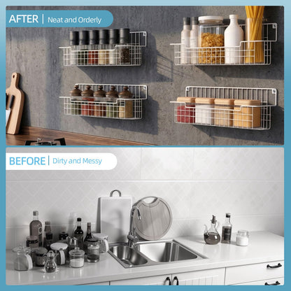 AURIKAR Spice Rack Wall Mount 4 Pack, Metal Wall Mounted Spice Rack Organizer for Cabinet Door & Pantry, Space-Saving Kitchen Spice Rack Shelf, White