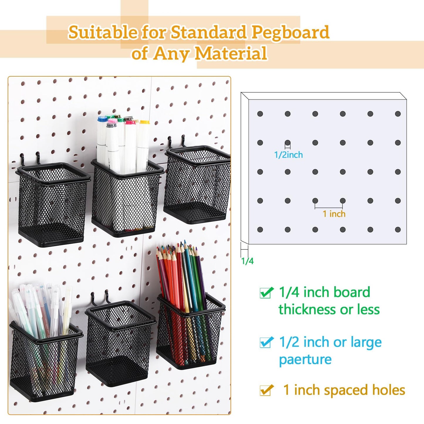 Colingmill 6 Sets Pegboard Cups with Hooks Pegboard Pencil Holder Bin Organizer Black Square Peg Board Accessories Metal Pencil Holder Cup for Home Office Workbench Craft Room Workshop Garage Tool