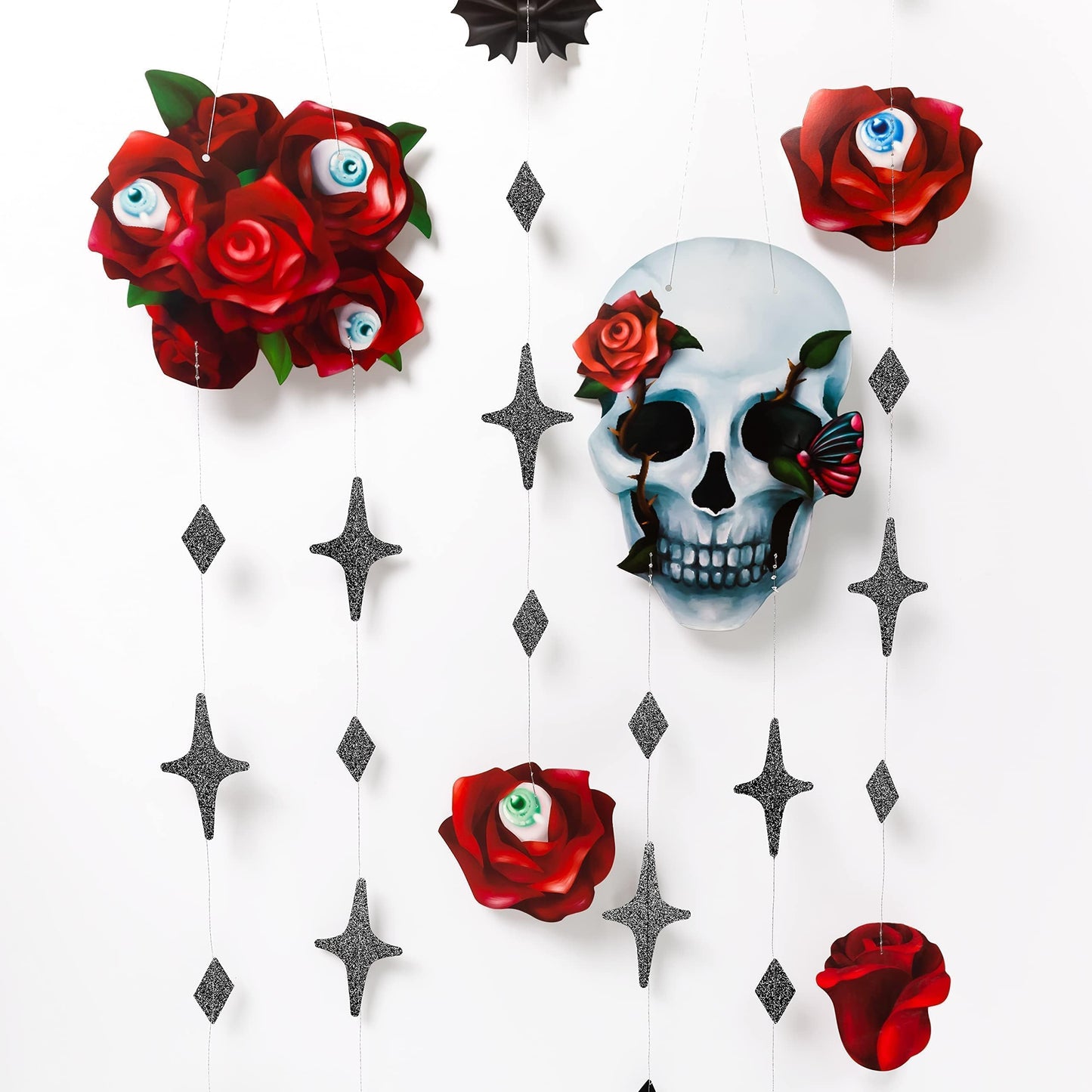Cheerland Skull Rose Halloween Decorations Red Rose Skull Garlands Gothic Party Decorations Hanging Skeleton Streamers Witchy Decor Gothic Birthday Decoration Spooky Red Black Skull Banner Supplies