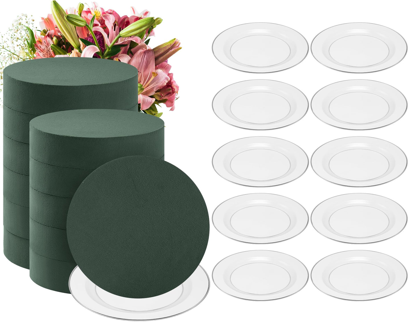 Threlaco 12 Sets Round Floral Foam and Clear Plastic Saucer Plant Drip Tray Floral Flower Dish Green Foam for Artificial Flowers Wedding Home Party Decoration (7 Inches)