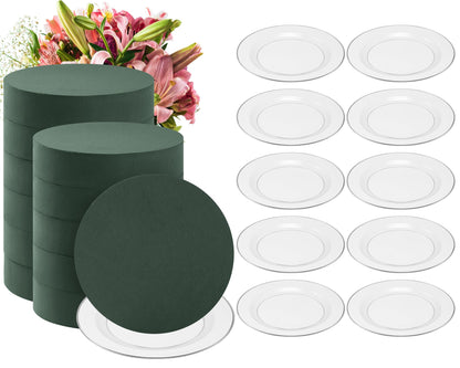 Threlaco 12 Sets Round Floral Foam and Clear Plastic Saucer Plant Drip Tray Floral Flower Dish Green Foam for Artificial Flowers Wedding Home Party Decoration (7 Inches)