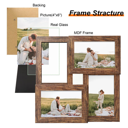 YESKAY 4x6 Collage Picture Frames, Multi Family Photo Frame with Real Glass, Displays Four 4x6 Photo, Wall Decor Wall Hanging or Tabletop, Rustic Brown