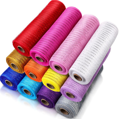 Timgle 12 Rolls 10 Inch Deco Mesh Ribbon for Wreath Making - 120 Yards Total, Metallic Mesh Foil Poly for Spring Summer Crafts, Home Door Wreaths DIY Supplies 30ft Each Roll(Modern Color)
