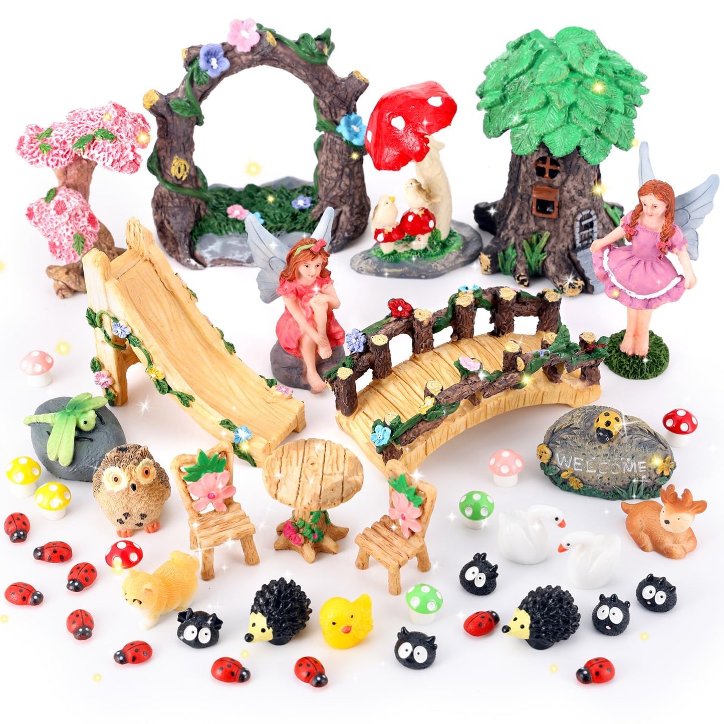 44 Pcs Fairy Garden Kit Miniature Fairy Garden House Accessories with Resin Elves Animal Plant Furniture Tiny Figurines Decor, Enchanted Spring Micro Landscape Ornaments for DIY Dollhouse Terrarium