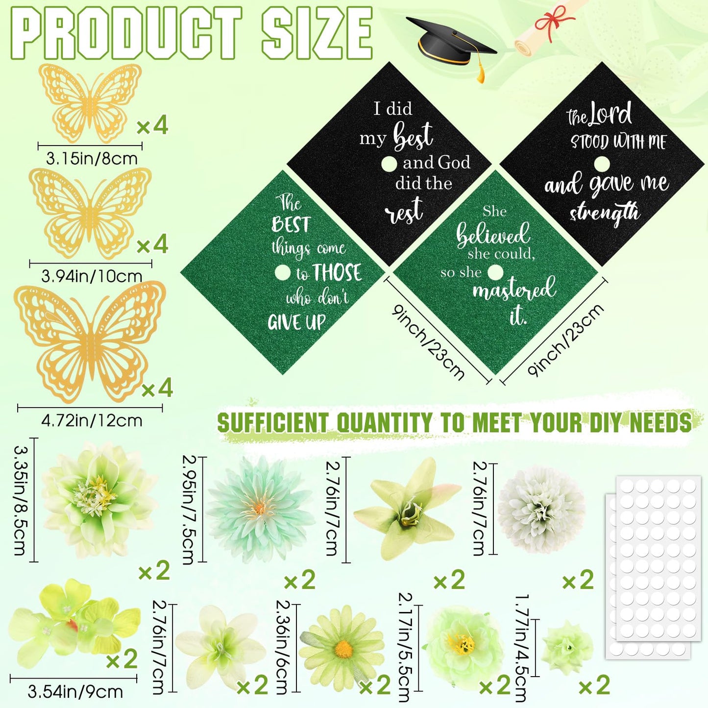 Dunzoom 34 Pcs DIY Graduation Cap Decorations Accessory Kit Artificial Flowers Inspirational Cardstock 3D Butterfly Stickers for DIY Hat Grad Cap Topper Graduation Party Supplies(Green)