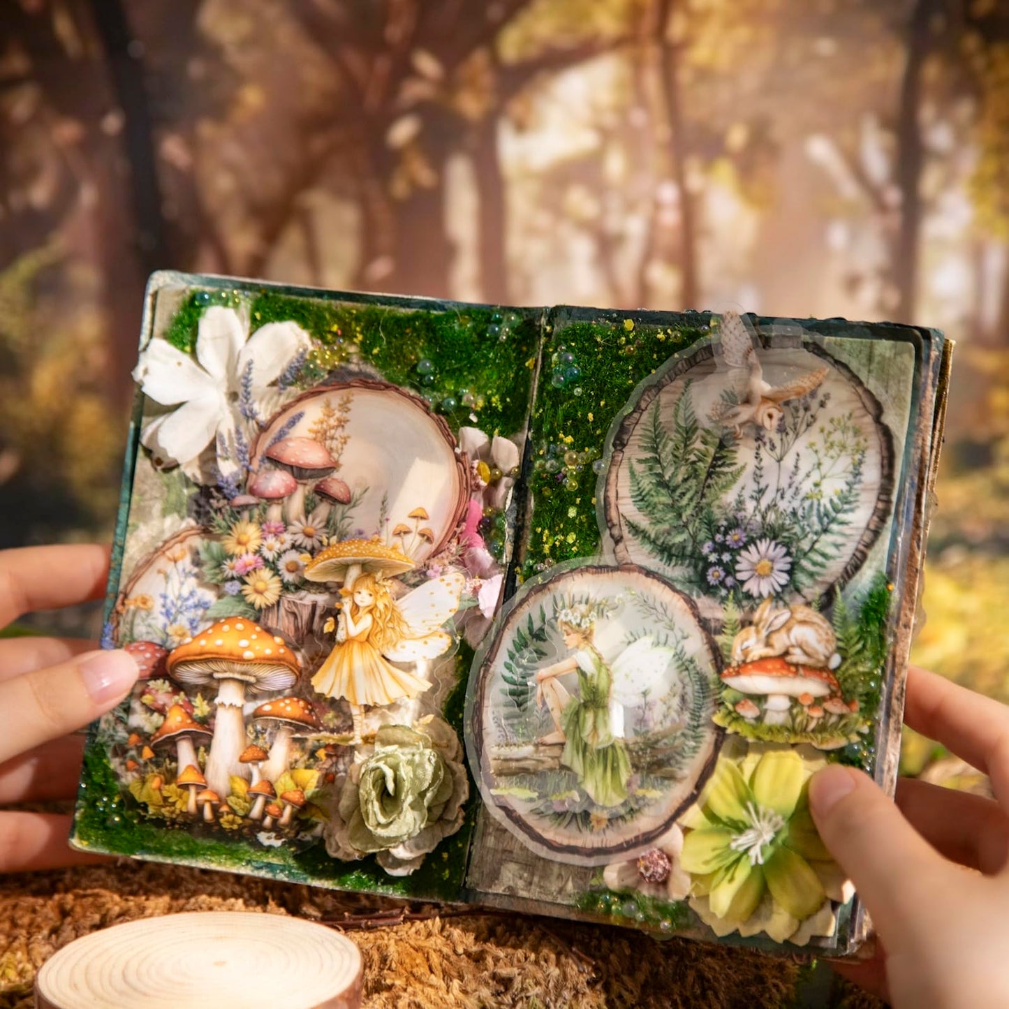 MiyouLuna 60 PCS Nature PET Stickers, Faux Wood Slice Botanical Stickers with Mushrooms, Flowers, and Butterflies for Scrapbooking, Journaling, and DIY Crafts