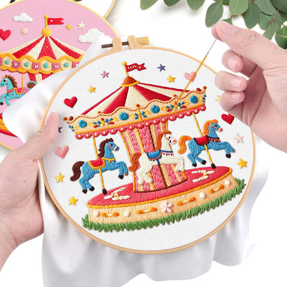 ERKOON 4 Set Embroidery Kit for Beginners, Cross Stitch Set Include Embroidery Cloth Hoops Threads for Craft Lover Hand Stitch with Embroidery Skill Techniques (Carousel)