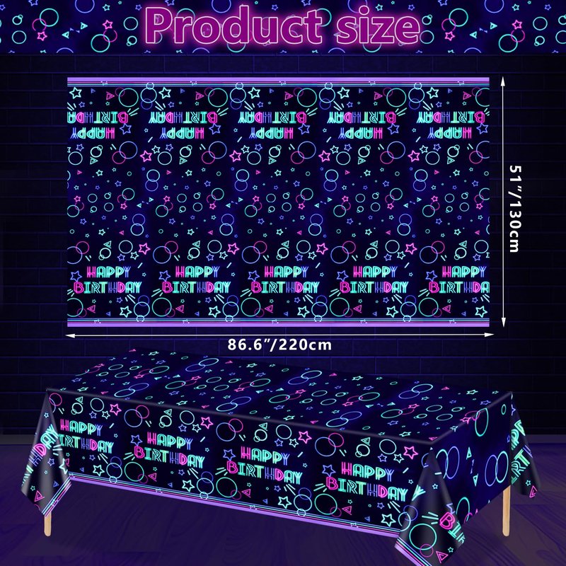 XJLANTTE 4 Pack Glow Party Tablecloth Supplies - Neon Plastic Birthday Table Cover, Black Light Fluorescence Rectangle Table Cloth 51"x86.6" for Glow in The Dark Birthday Party Decorations